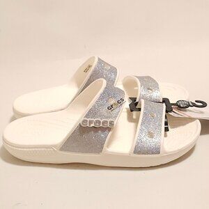 Crocs Classic Glitter II Silver/White Slides Sz Women’s 8 Men’s 6 BNWT